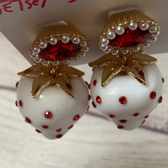 Betsey Johnson White Strawberry Earrings with Red Jewels and Faux Pearls - Picture 6 of 11